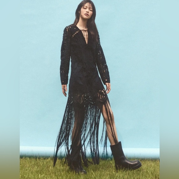 Sea New York Liesel Embroidered Lace Long Sleeve Fringe Dress